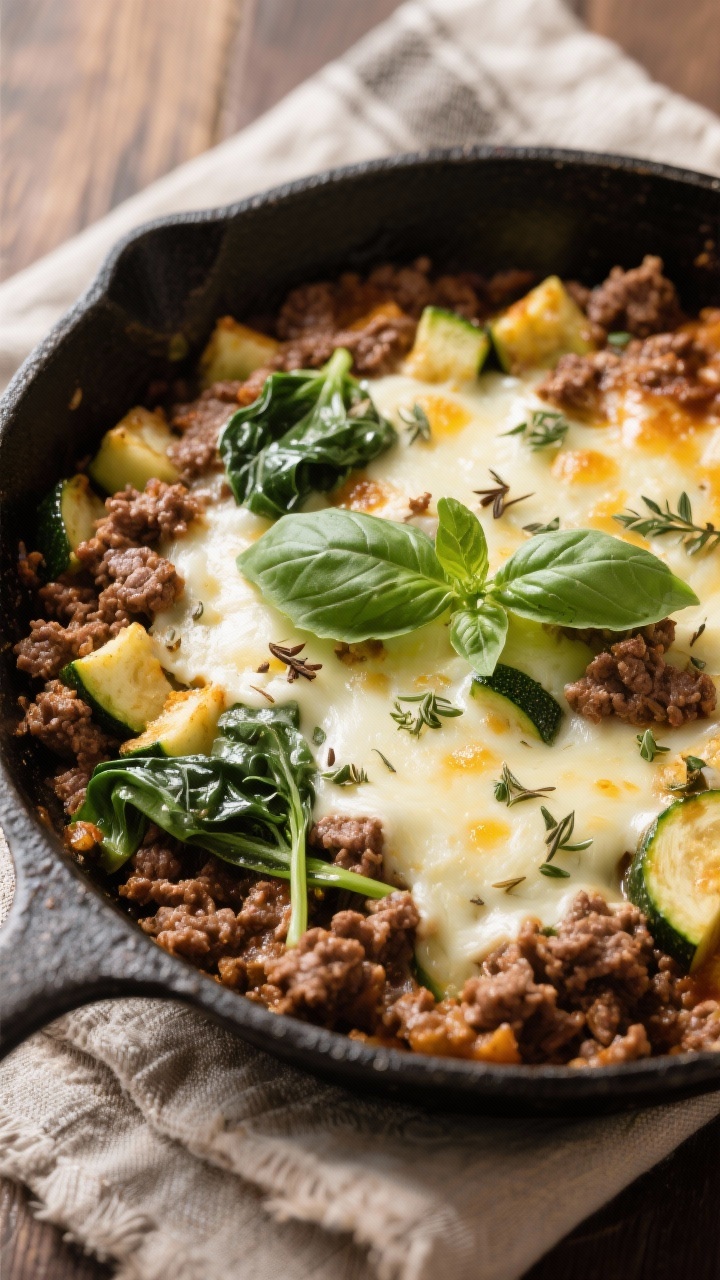 Tasty top view: Overhead shot of cheesy zucchini beef skillet just finished; browned, craggy ground 