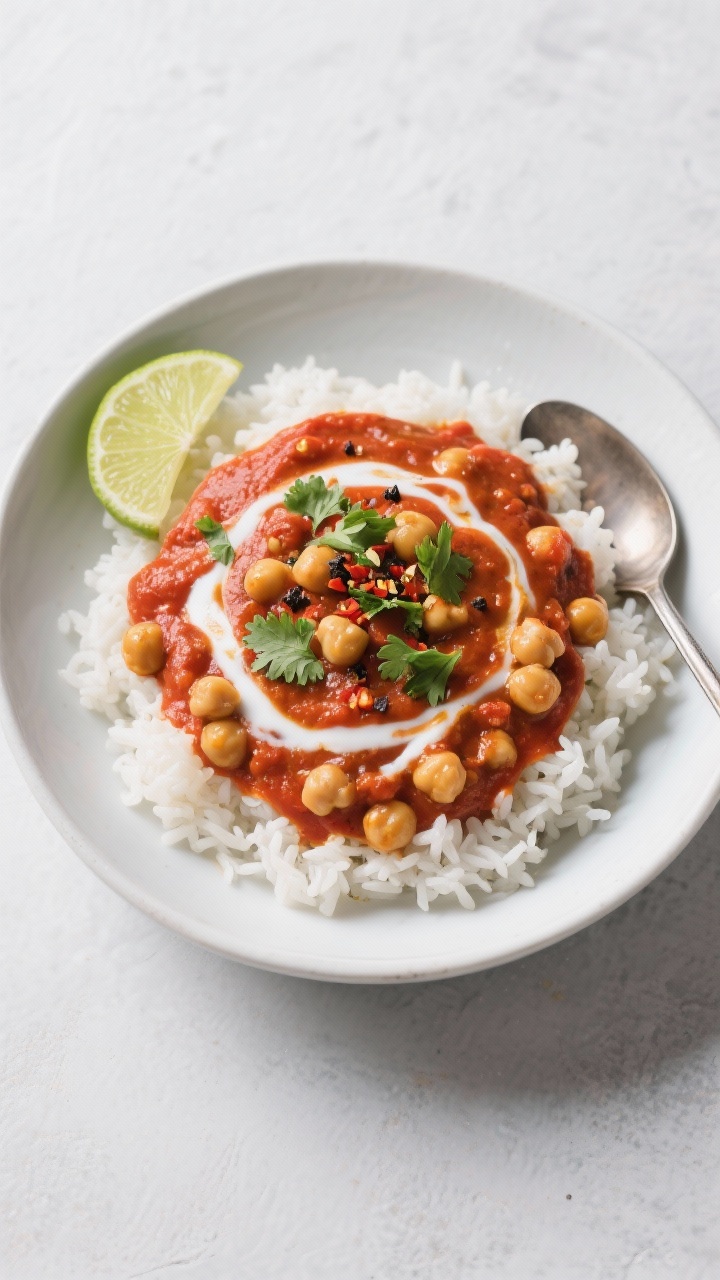 Tasty top view: Overhead shot of Chickpea Tomato Curry ladled over fluffy white rice in a wide, shal