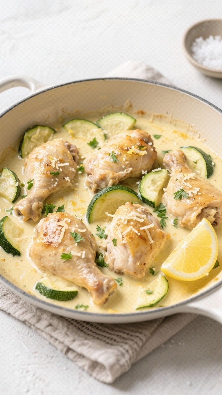 Tasty top view: Overhead shot of Creamy Garlic Butter Chicken Thighs with Lemon Zucchini, chicken ne