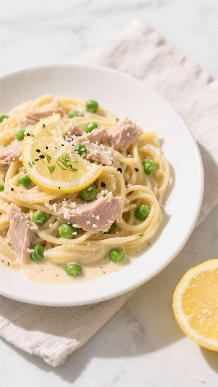 Tasty top view: Overhead shot of Creamy Lemon Tuna Pasta twirled in a shallow white bowl, silky sauc