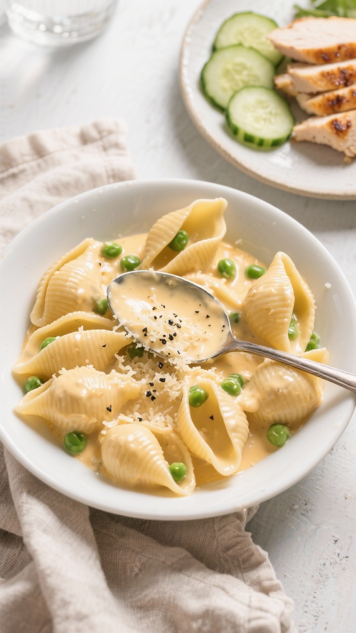 Tasty top view: Overhead shot of creamy pasta shells in a wide white bowl, glossy cheese sauce cling