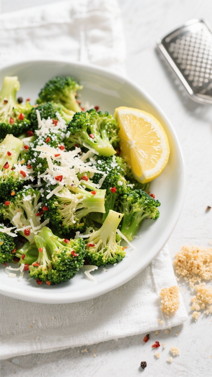 Tasty top view: Overhead shot of finished air fryer broccoli tossed with freshly squeezed lemon and 