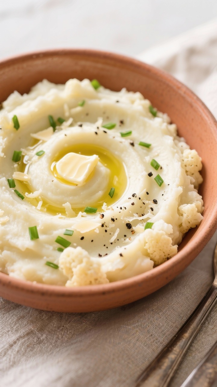 Tasty top view: Overhead shot of finished cauliflower mash in a warm ceramic bowl, elegant swirl on 