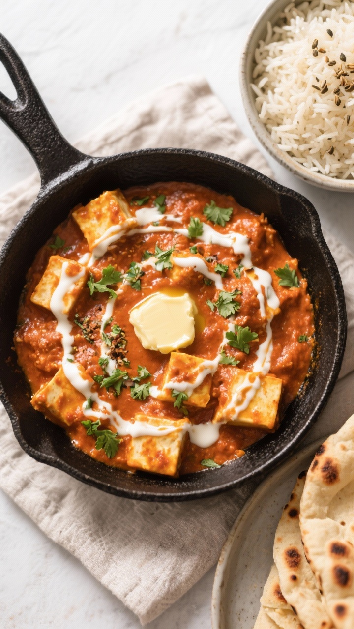Tasty top view: Overhead shot of finished paneer butter masala served family-style in a black cast-i
