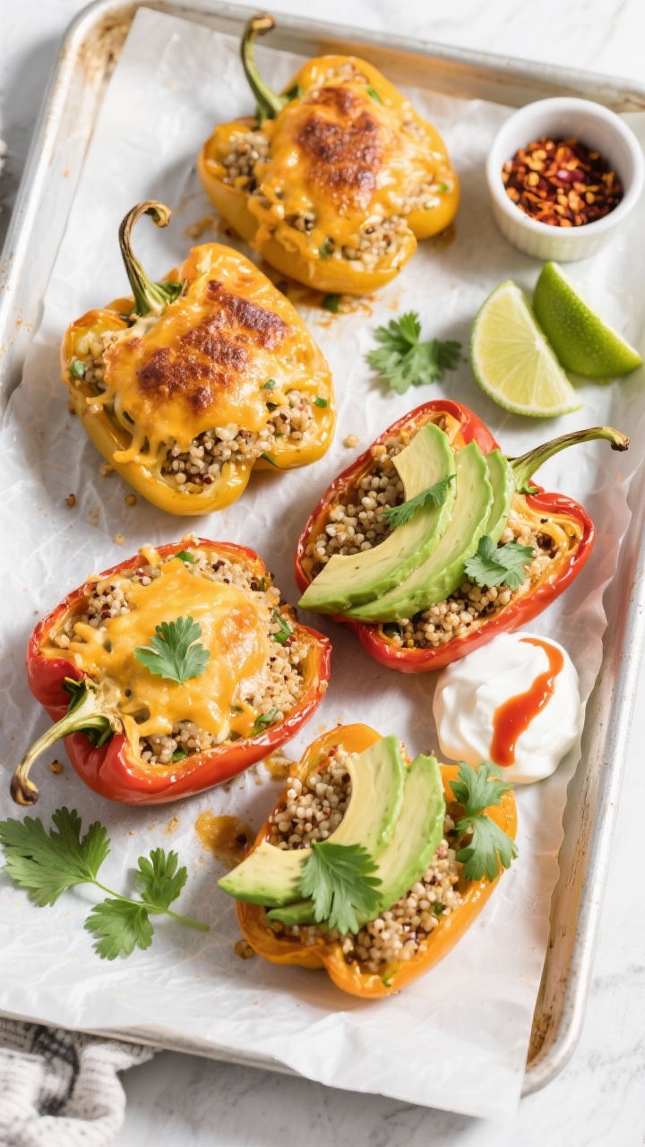 Tasty top view: Overhead shot of finished quinoa-stuffed bell peppers just out of the oven—lightly