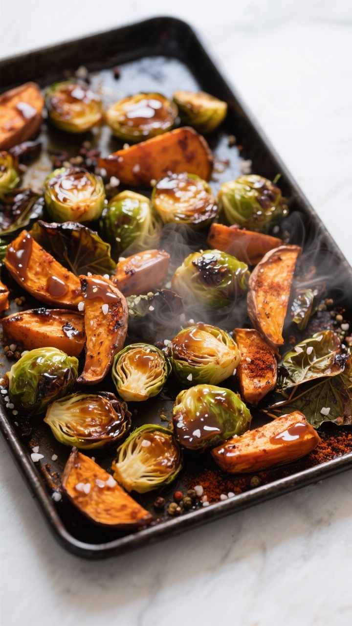 Tasty top view: Overhead shot of maple-roasted Brussels sprouts and sweet potatoes on a dark rimmed 