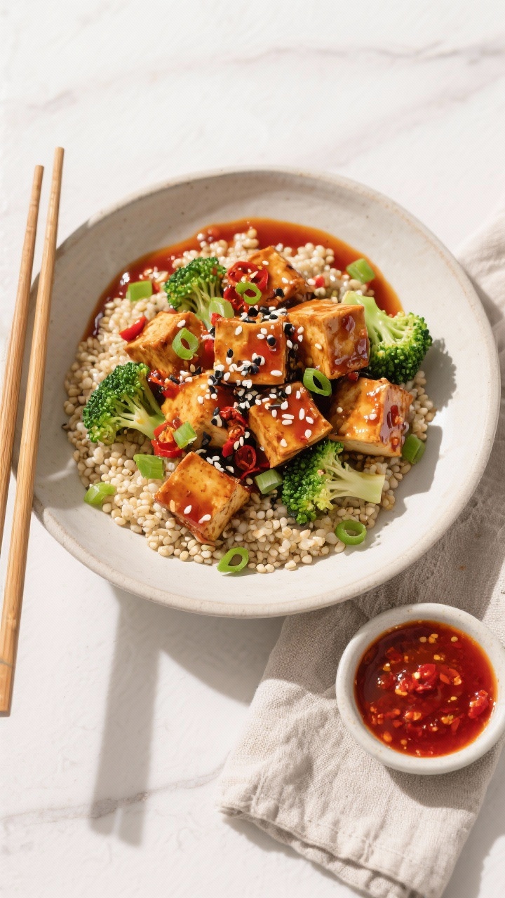 Tasty top view: Overhead shot of Sticky Chili-Garlic Tofu with Broccoli served over fluffy quinoa in