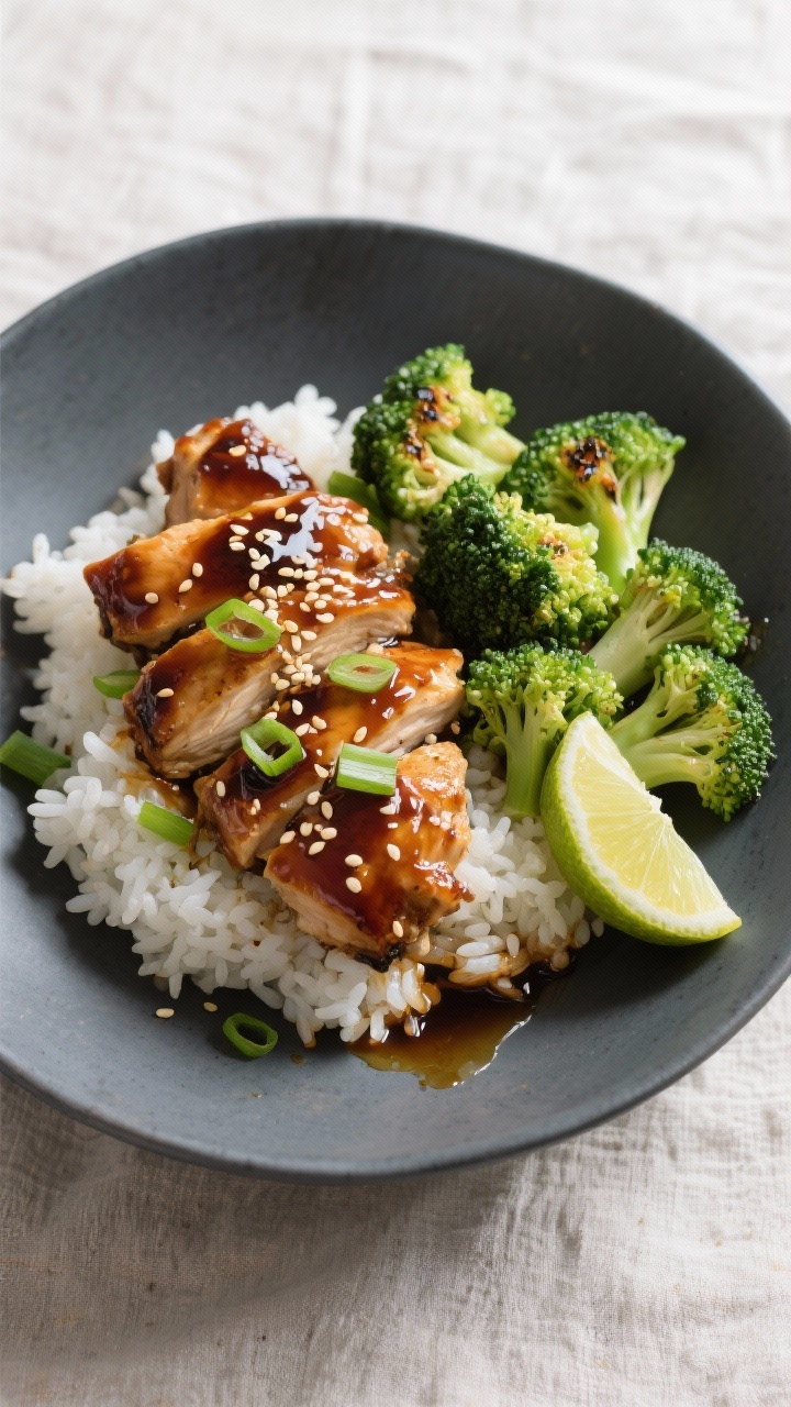 Tasty top view: Overhead shot of Teriyaki Chicken + Broccoli + Rice bowl—juicy glazed chicken piec