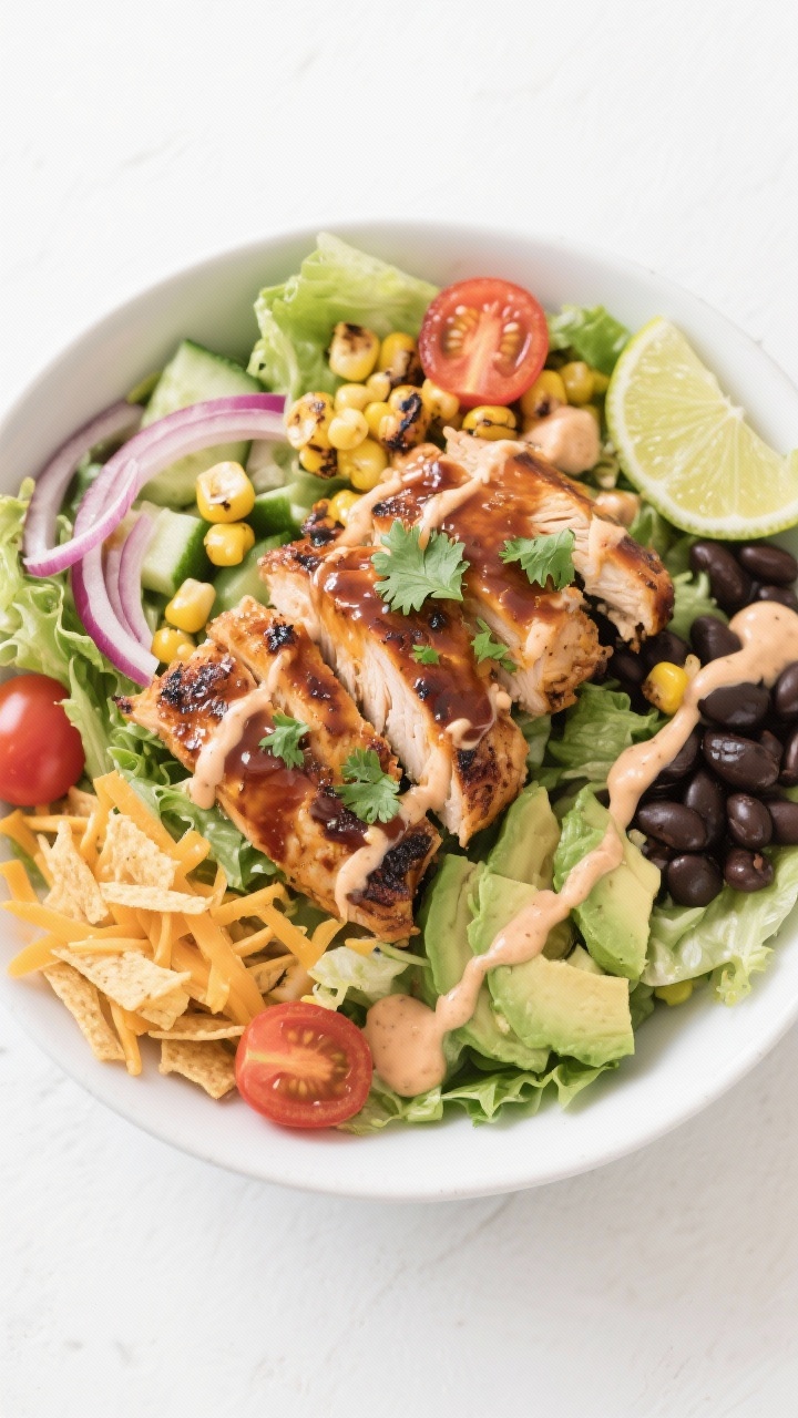 Tasty top view: Overhead shot of the assembled BBQ chicken salad in a wide, shallow bowl—crisp cho