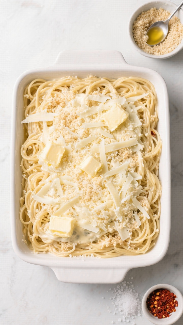 Tasty top view: Overhead shot of the assembled casserole before baking, spaghetti tossed in creamy s