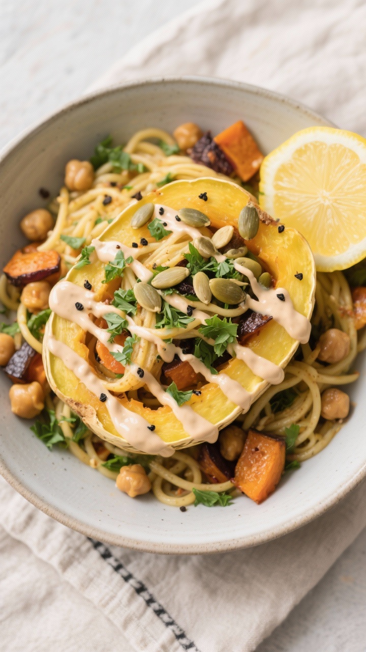 Tasty top view: Overhead shot of the assembled spaghetti squash veggie bowl, squash strands tossed w