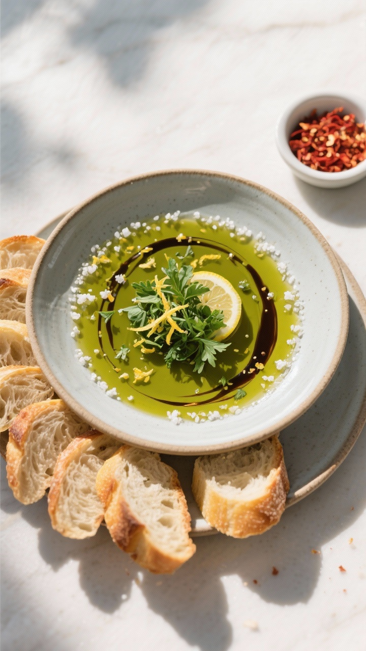 Tasty top view: Overhead shot of the finished dipping oil in a low, rimmed ceramic plate—vibrant g