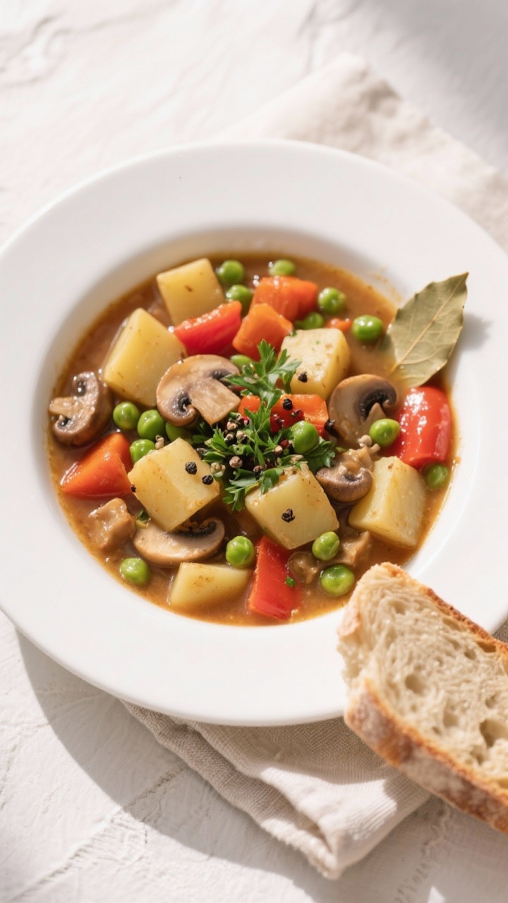 Tasty top view: Overhead shot of the finished Hearty Vegetable Stew ladled into a wide, shallow whit