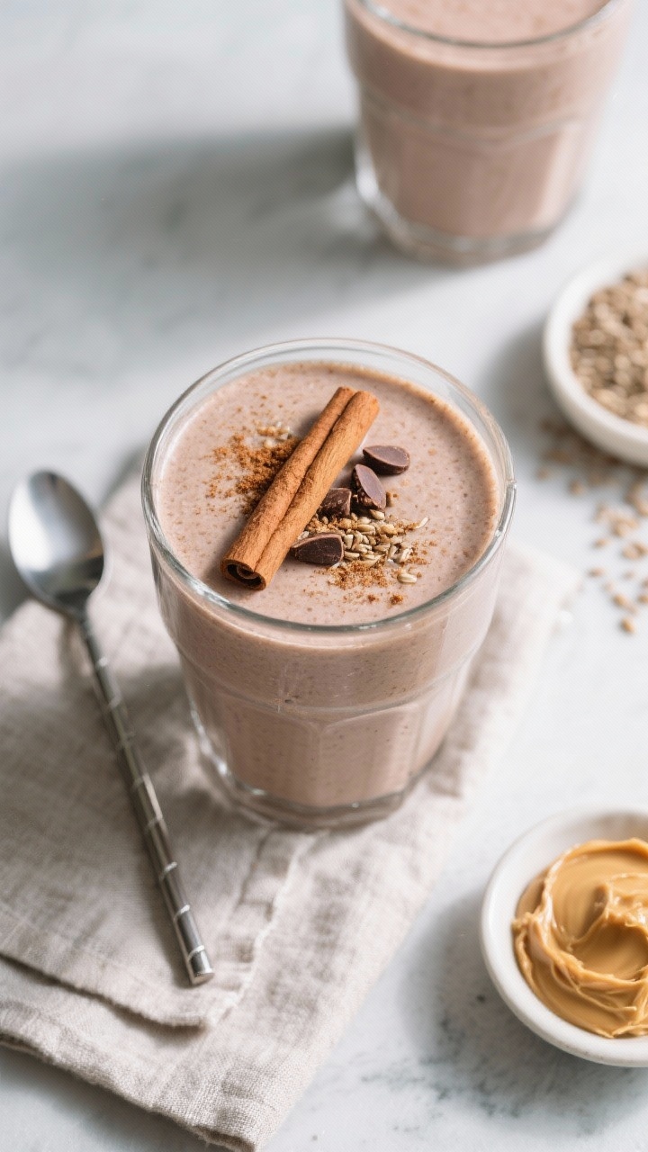 Tasty top view: Overhead shot of the finished high-protein smoothie in a wide tumbler, topped with a
