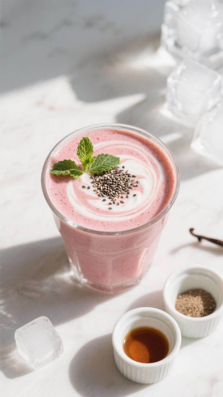 Tasty top view: Overhead shot of the finished low-calorie strawberry yogurt smoothie in a wide tumbl