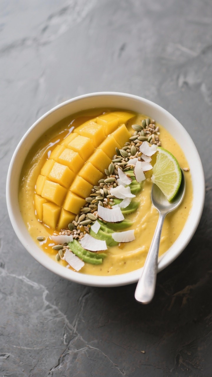 Tasty top view: Overhead shot of the finished mango–avocado smoothie bowl, thick and spoonable; to