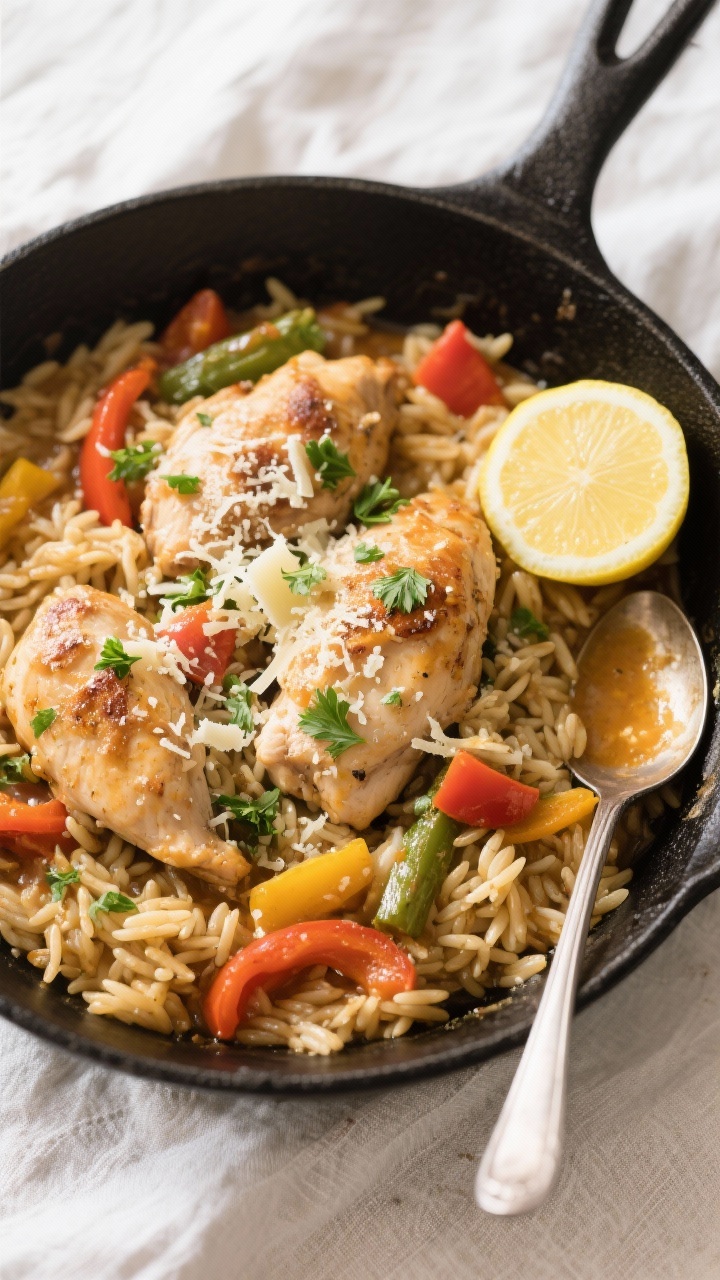 Tasty top view: Overhead shot of the finished one-pan chicken and orzo, liquid mostly absorbed, garn
