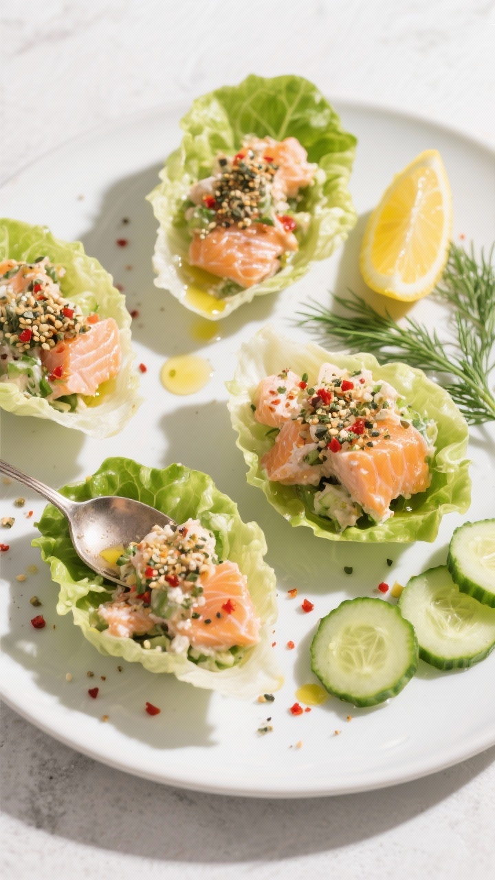 Tasty top view: Overhead shot of the finished salmon salad spooned into crisp butter lettuce cups on
