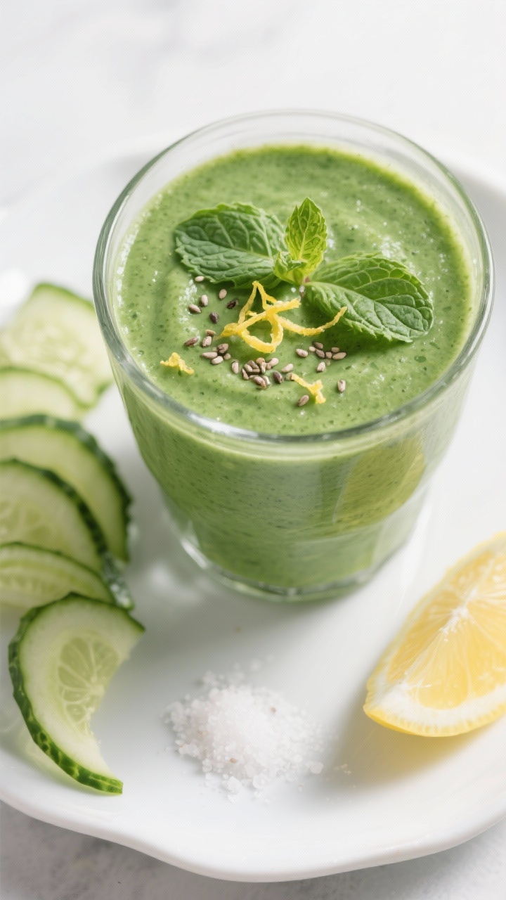 Tasty top view: Overhead shot of the finished spinach detox smoothie in a wide-mouth glass, thick an