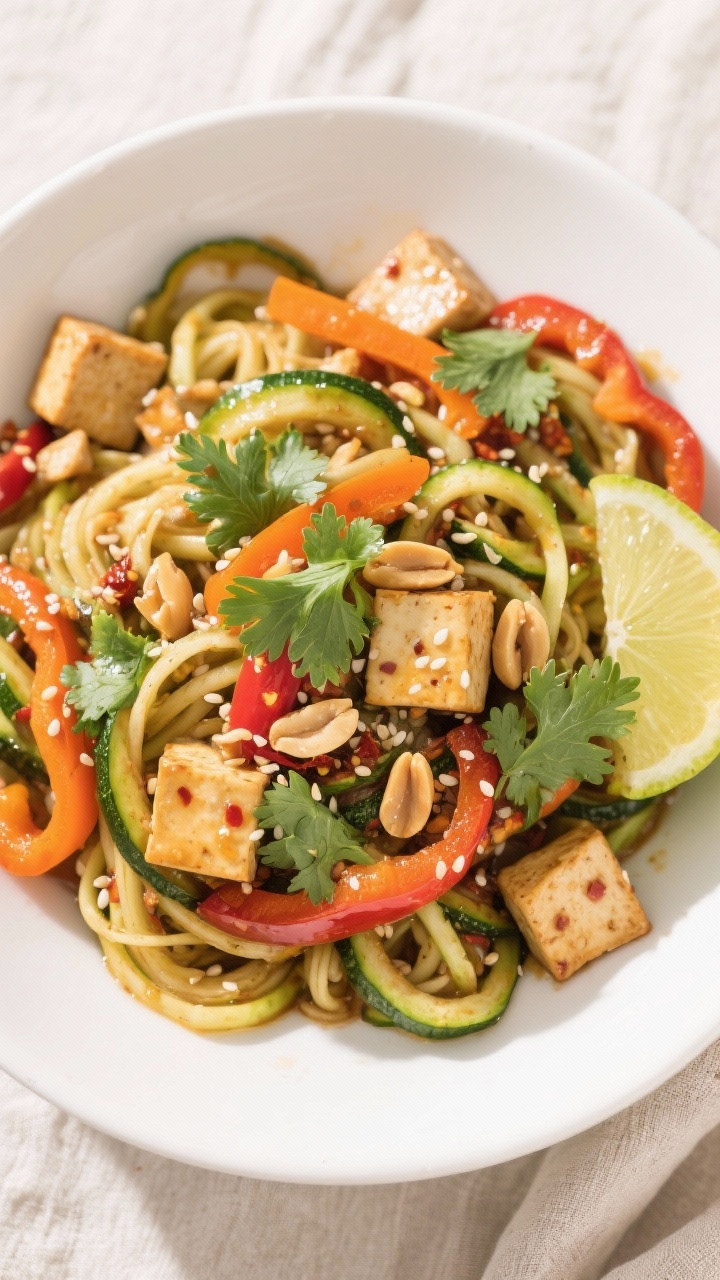 Tasty top view: Overhead shot of the finished zucchini noodle stir fry in a wide white bowl, evenly 