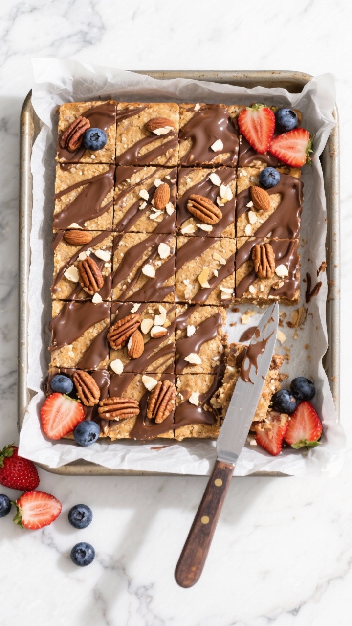 Tasty top view: Overhead shot of the full 8x8 pan lined with parchment overhang, bars fully set and 