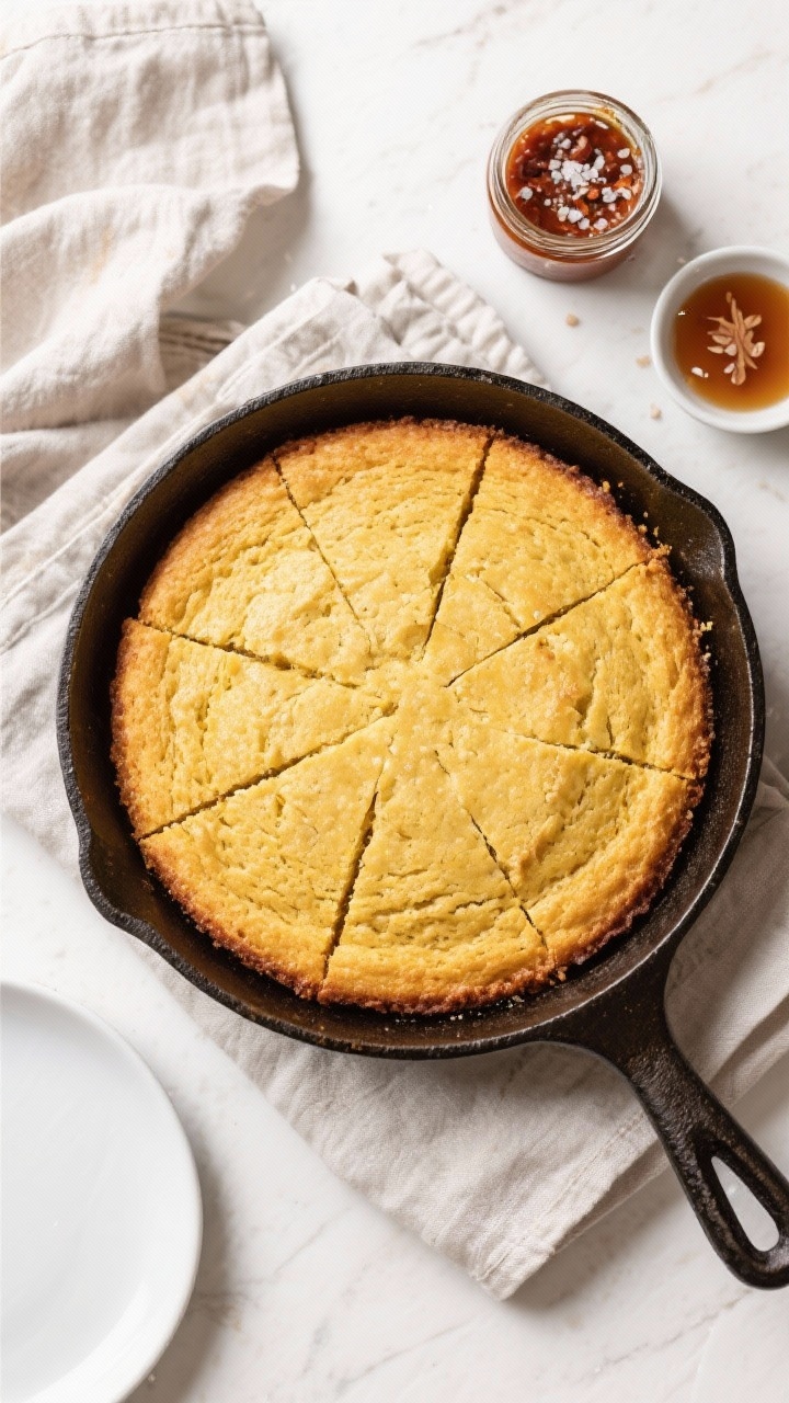 Tasty top view: Overhead shot of the fully baked cornbread in a 9-inch cast-iron skillet, surface ev