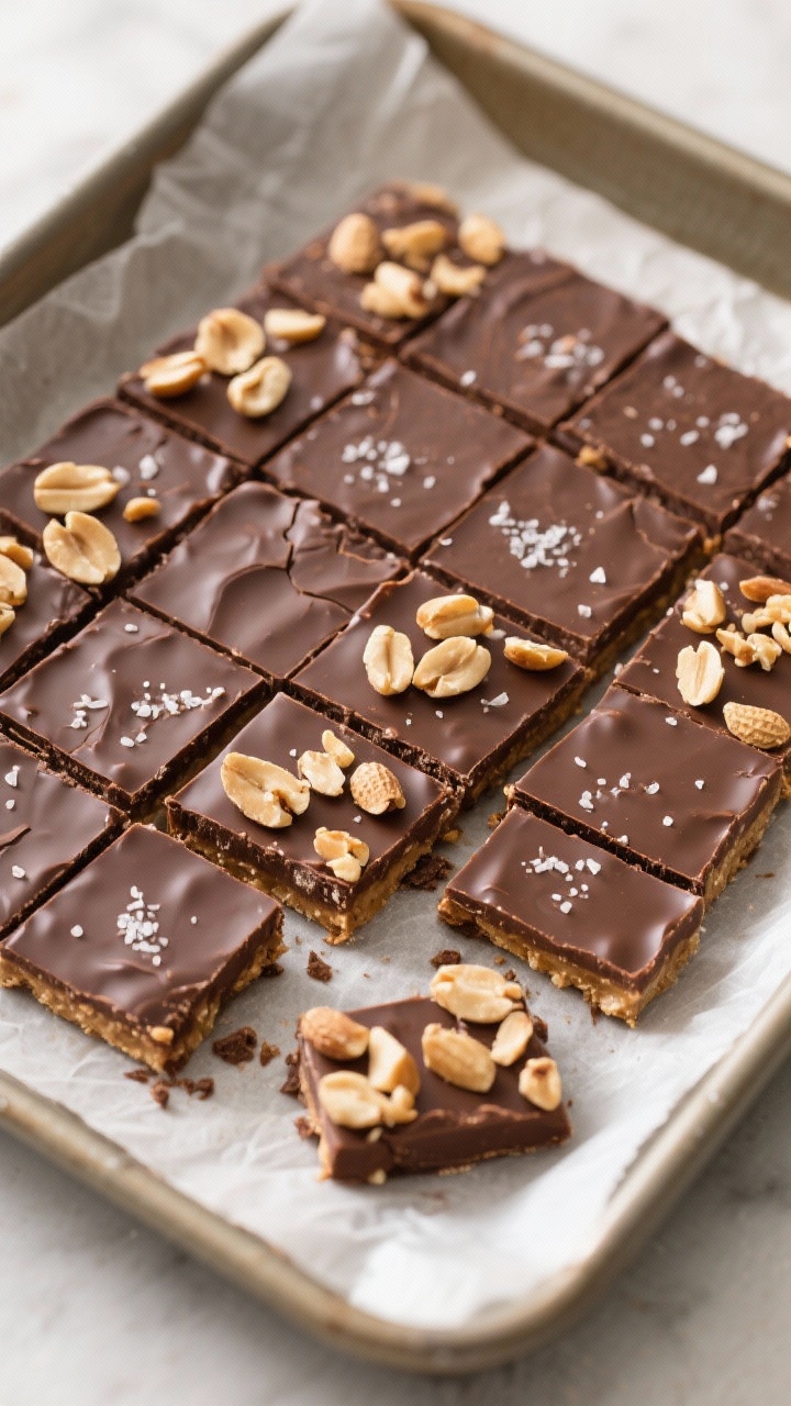 Tasty top view: Overhead shot of the no-bake chocolate peanut butter bars arranged in a tidy grid in