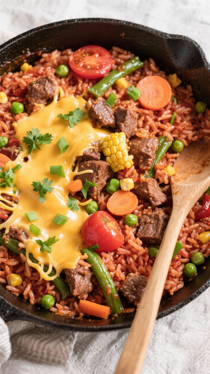 Tasty top view: Overhead shot of the one-pan beef-and-rice skillet after simmering, rice perfectly f