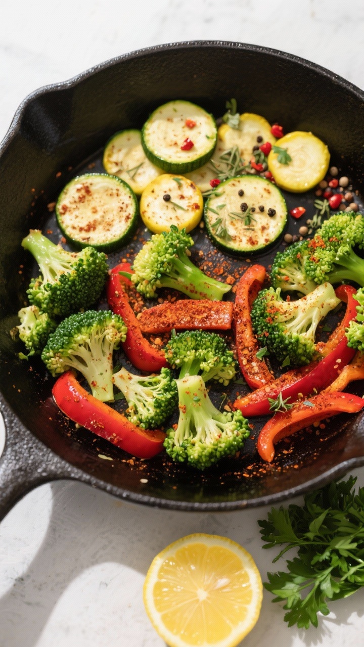 Tasty top view: Overhead shot of the one-pan low-carb veggie skillet at the “hard veggies” stage