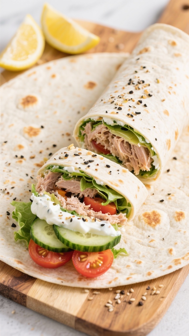 Tasty top view: Overhead shot of the Tuna Greek Yogurt Wrap sliced on a board—tight spiral showing