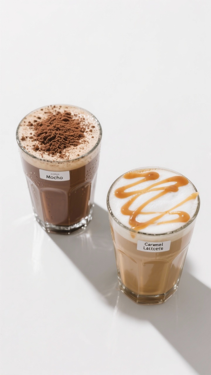 Tasty top view: Overhead shot of two variations side-by-side—Mocha Version and Caramel Latte Twist