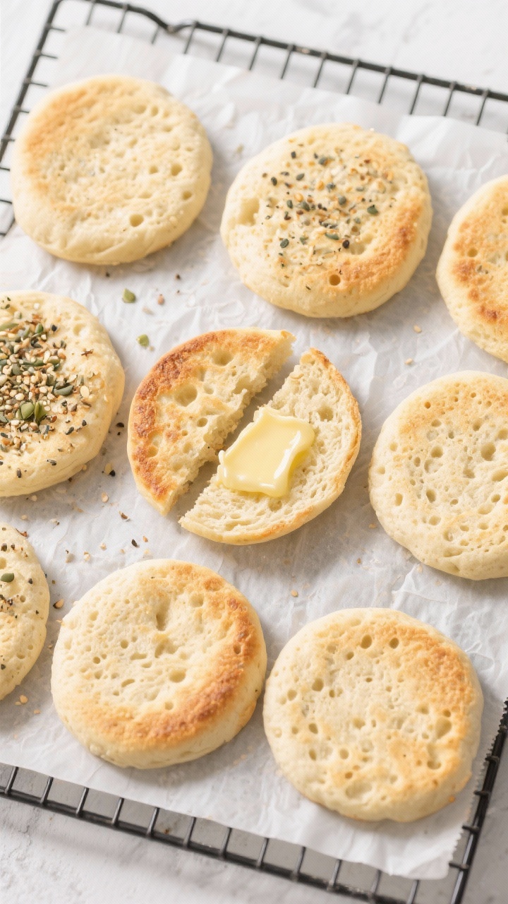 Tasty top view: Overhead shot of zero-carb cloud-bread rounds just baked, arranged in a loose grid o