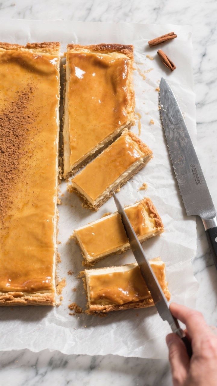 Tasty top view: Overhead slice-and-serve moment with bars lifted from the parchment-lined slab, show