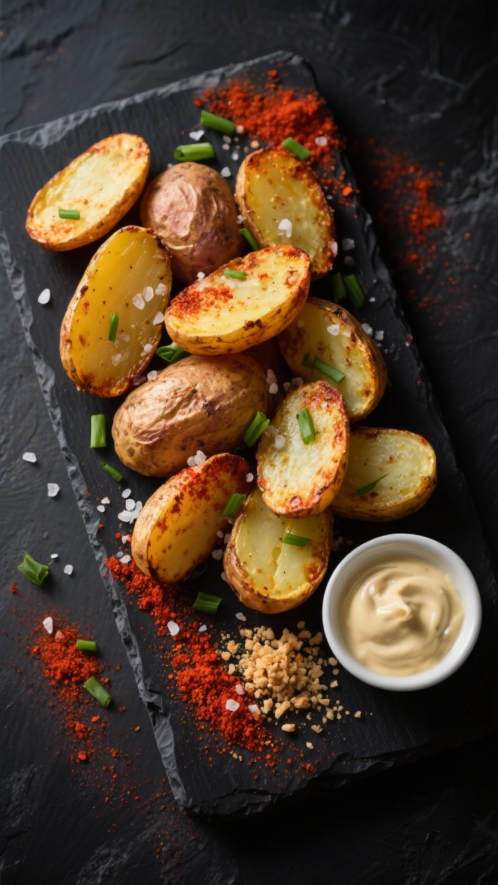 Tasty top view: Overhead, snackable platter of “Smoky Paprika Crunch” potatoes—golden-brown, p