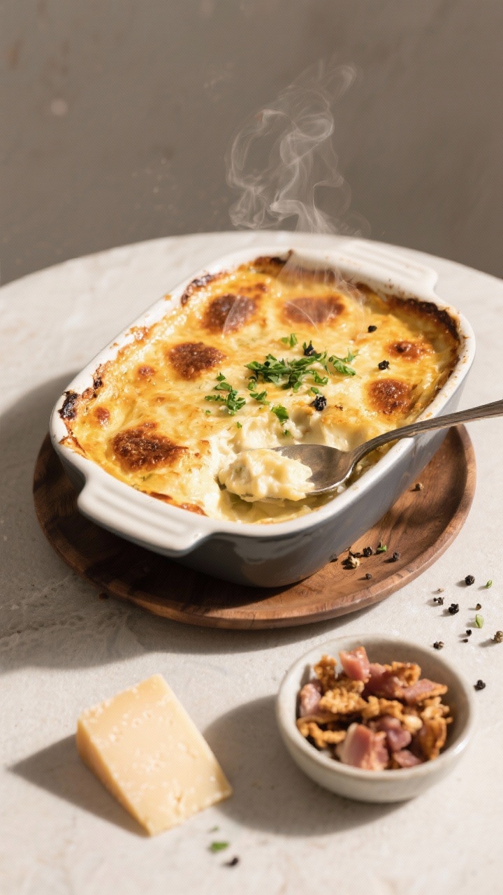 Tasty top view: Overhead table scene with the casserole resting after broil—golden crust with scat