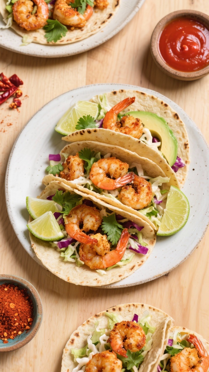 Tasty top view: Overhead taco-night spread featuring air-fried shrimp seasoned with chili powder, cu