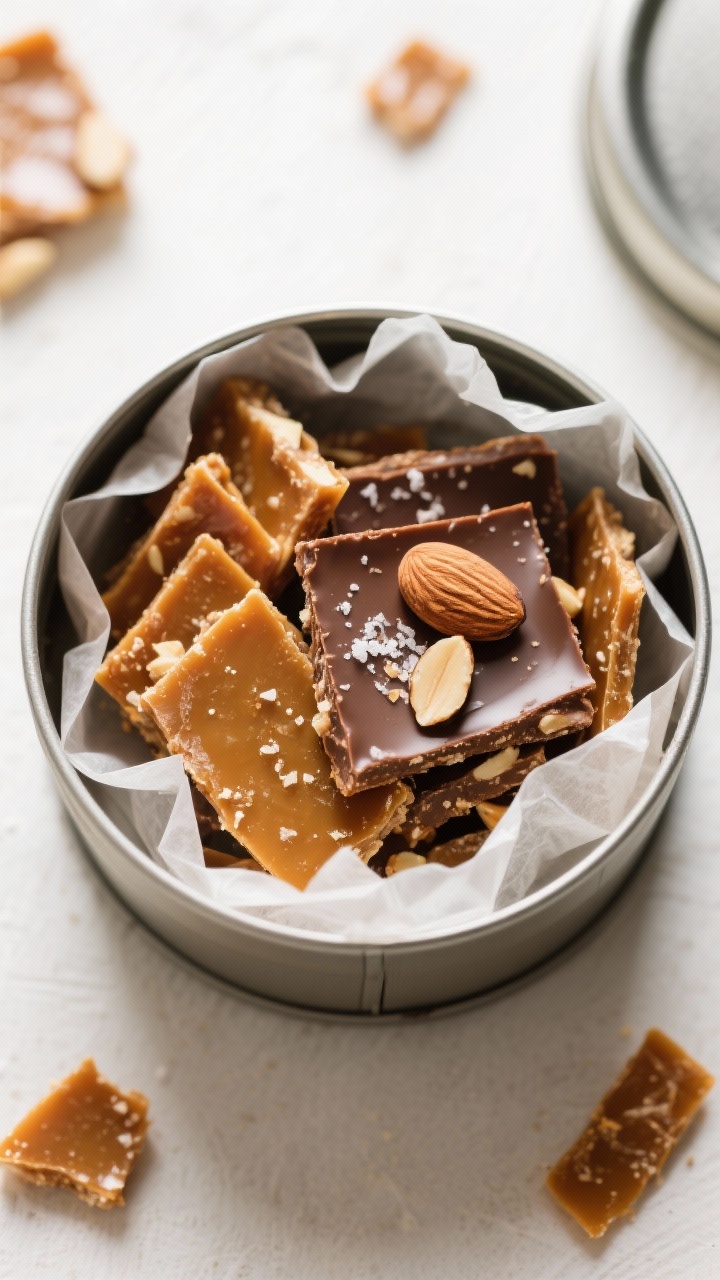 Tasty top view: Overhead tin filled with rustic toffee shards in parchment, showcasing color gradati