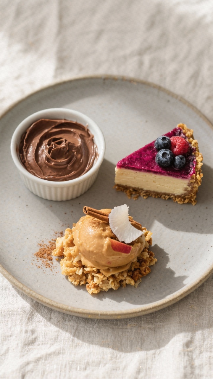 Tasty top view: Overhead trio plate—small ramekin of chocolate mousse, a neatly cut berry chia che