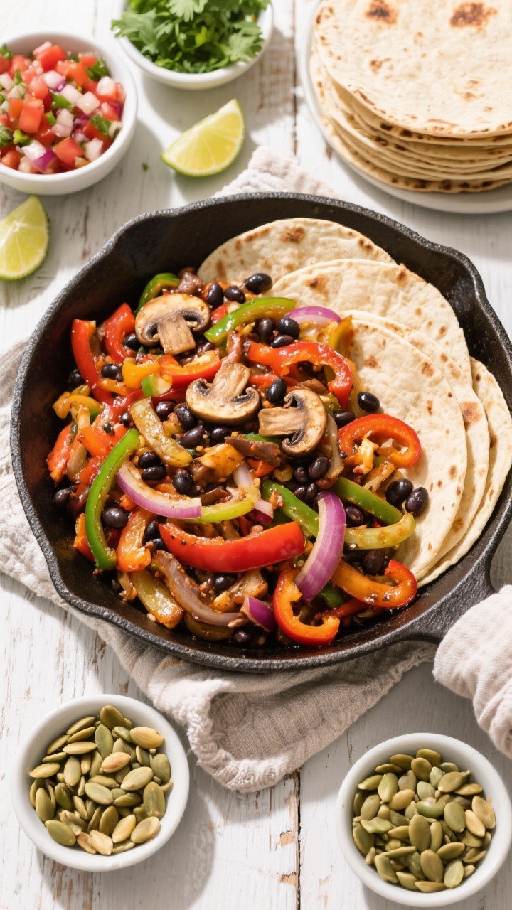 Tasty top view (party spread): Overhead platter of the finished fajita mix (peppers, onions, mushroo