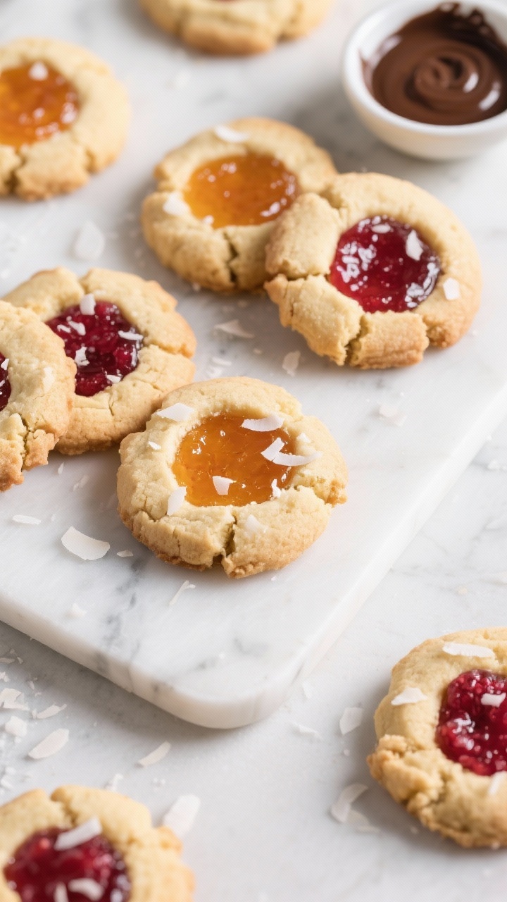 Tasty top view: Perfectly styled overhead shot of thumbprint jam cookies—uniform wells filled with