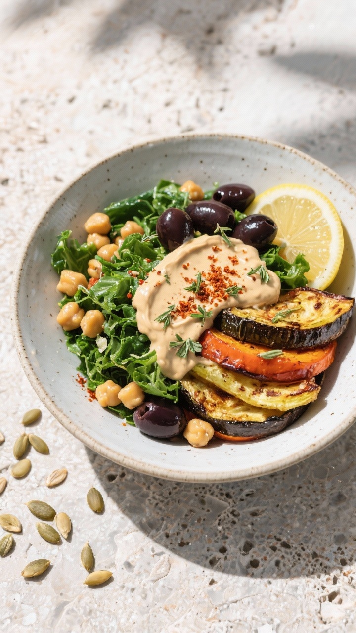 Tasty top view (power bowl variation): Overhead composition of a Mediterranean Power Bowl—roasted 