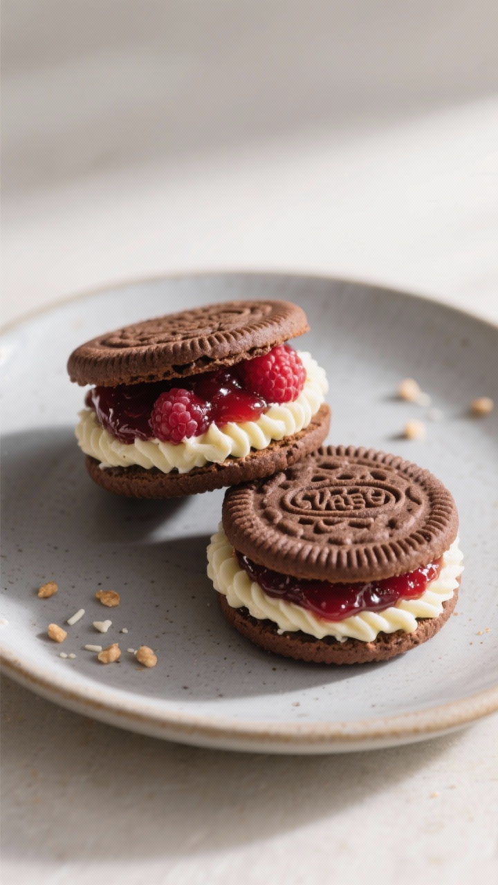 Tasty top view: Sandwich cookie variation—top-down shot of thinner chocolate cut-outs paired and f