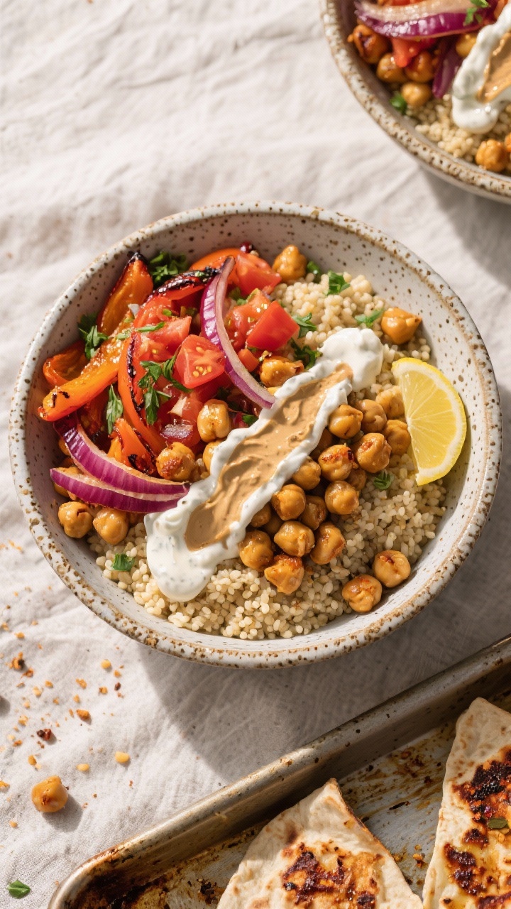 Tasty top view: Sheet-pan chickpea shawarma bowls plated—overhead shot of fluffy couscous mounded 