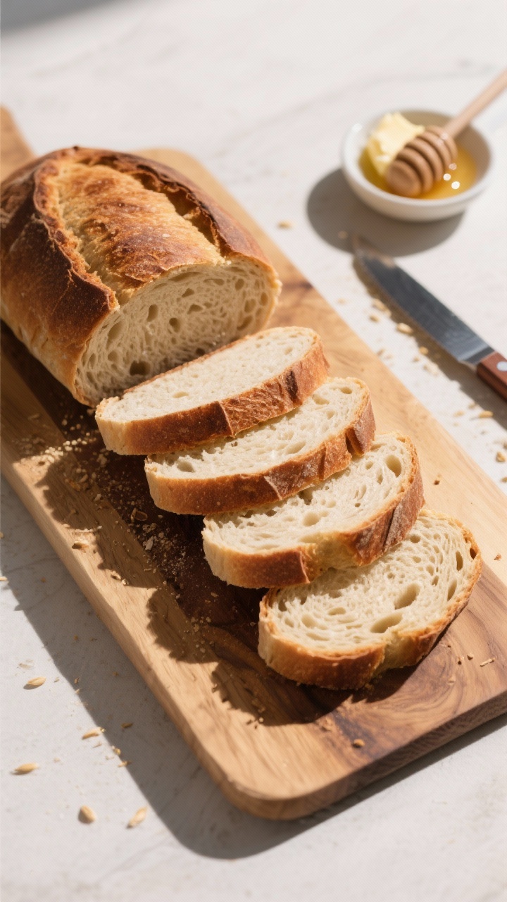 Tasty top view: Sliced final loaf arranged on a wooden board, 6–8 even slices fanned to reveal a s