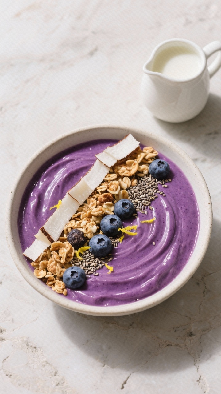 Tasty top view: Smoothie bowl version styled for “crunch factor”—lush purple base swirled glos
