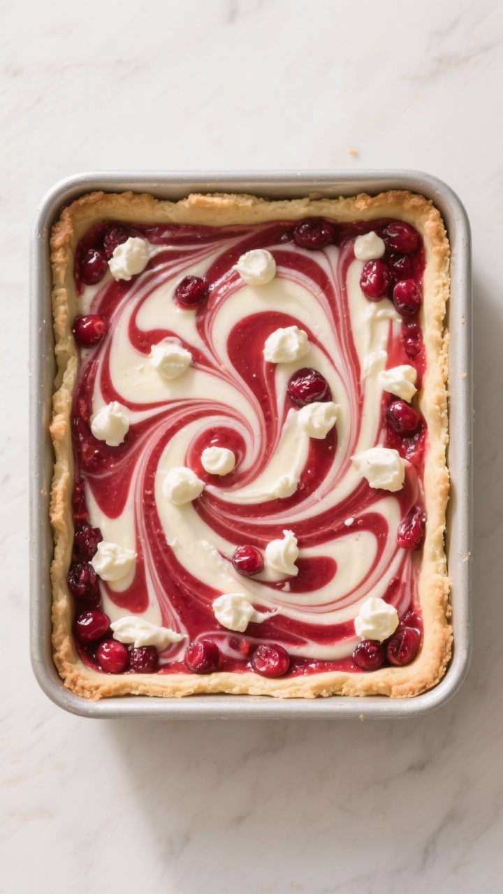 Tasty top view: The assembled 8x8 pan just after swirling, before the final bake—dots of cream-che