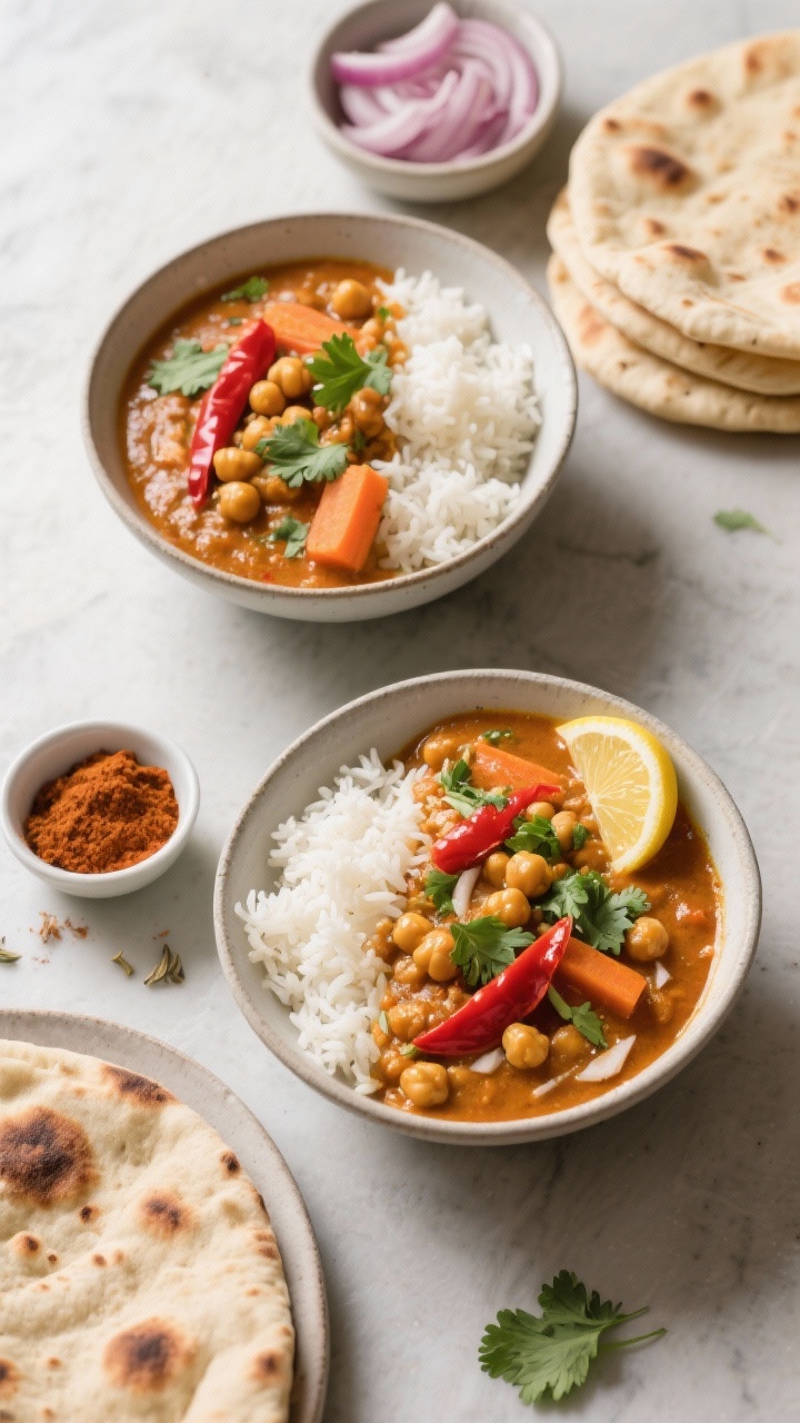Tasty top view: Top-down feast scene—two bowls of the finished curry (one with rice, one with just