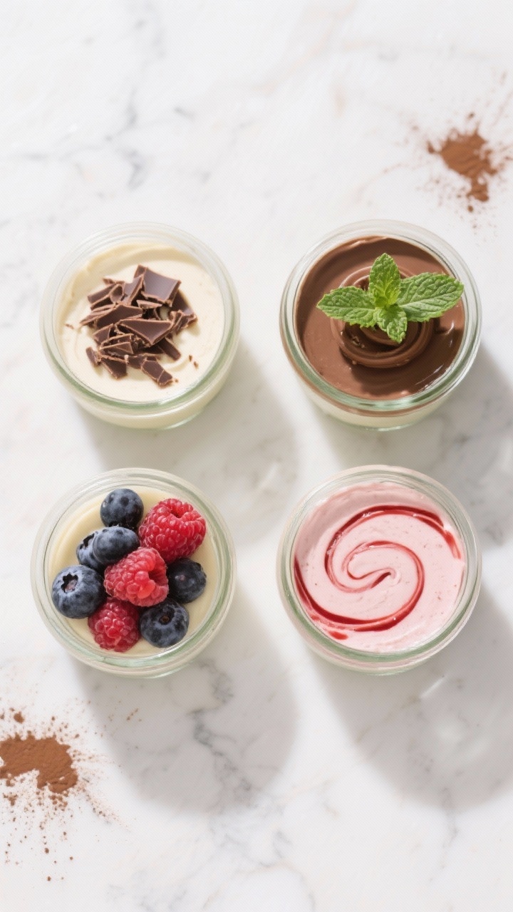 Tasty top view: Top-down image of four individual portions of mousse in small glass jars, each with 
