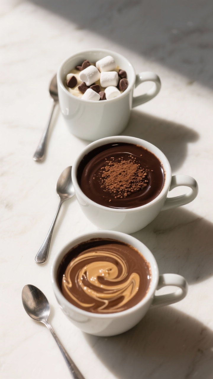 Tasty top view: Top-down image of three mugs showing customization: one classic with mini marshmallo