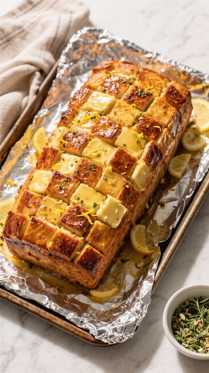 Tasty top view: Top-down party scene of the assembled loaf as a centerpiece, dramatic golden top wit
